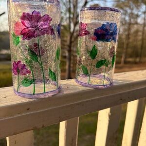 Yankee Candle Purple and Pink Floral Crackle Glass Candle Holders